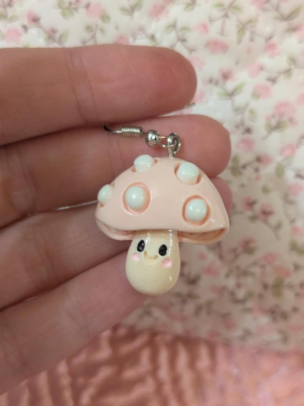 handmade pink mushroom cute whimsical dangle earrings